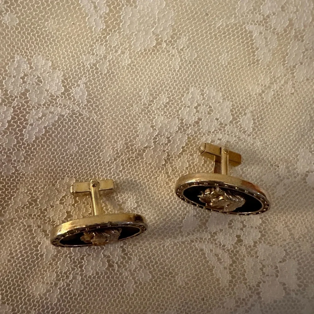 Vintage Cuff Links Gold TONED Black Inlay - Rare